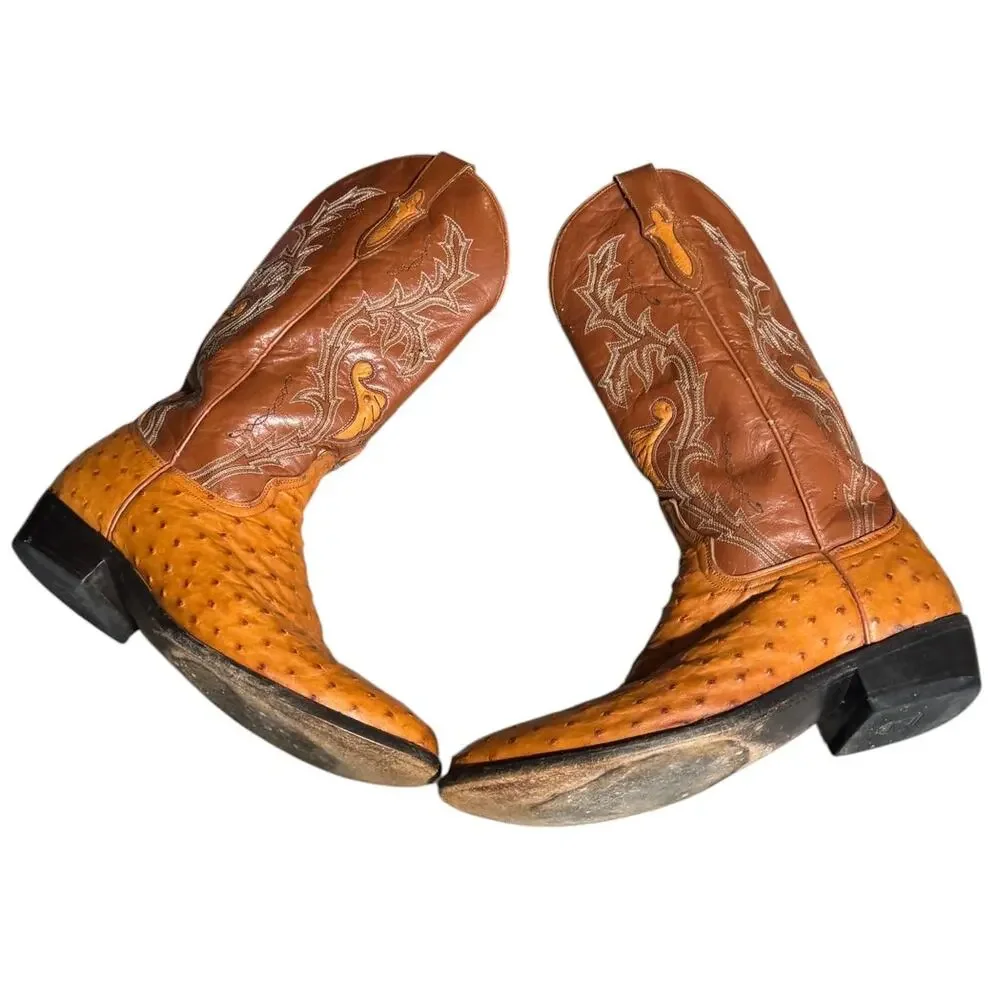 Dan Post Cowboy Boots Men's 9D Brown Full Quill Ostrich Leather Mid-Calf Western